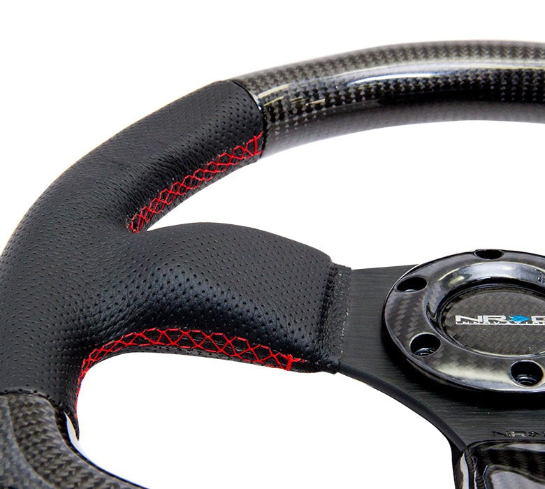 NRG Carbon Fiber Steering Wheel 320mm Flat Bottom Black w/Red Stitching - Universal
