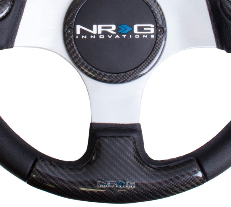NRG Carbon Fiber Steering Wheel 350mm Silver Rubber Horn - Universal