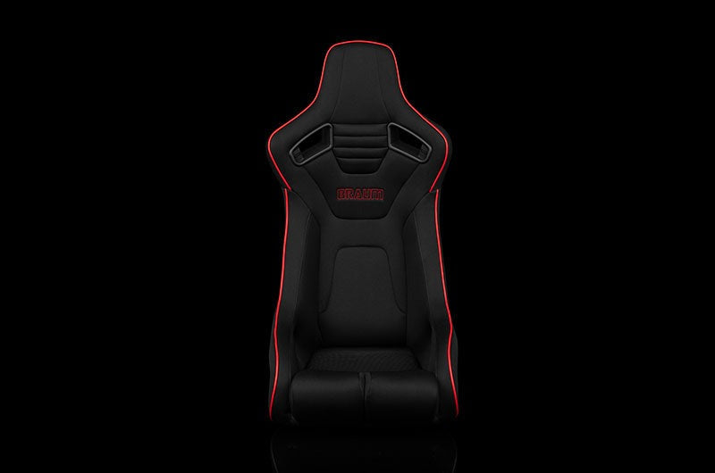 Braum Elite-R Series Fixed Back Bucket Seat - Black Polo Cloth (Red Stitching / Red Piping) Each - Universal