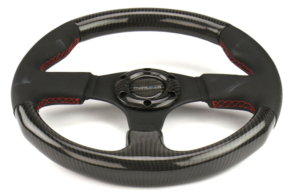 NRG Carbon Fiber Steering Wheel 315mm Perforated Black w/ Red Stitch - Universal