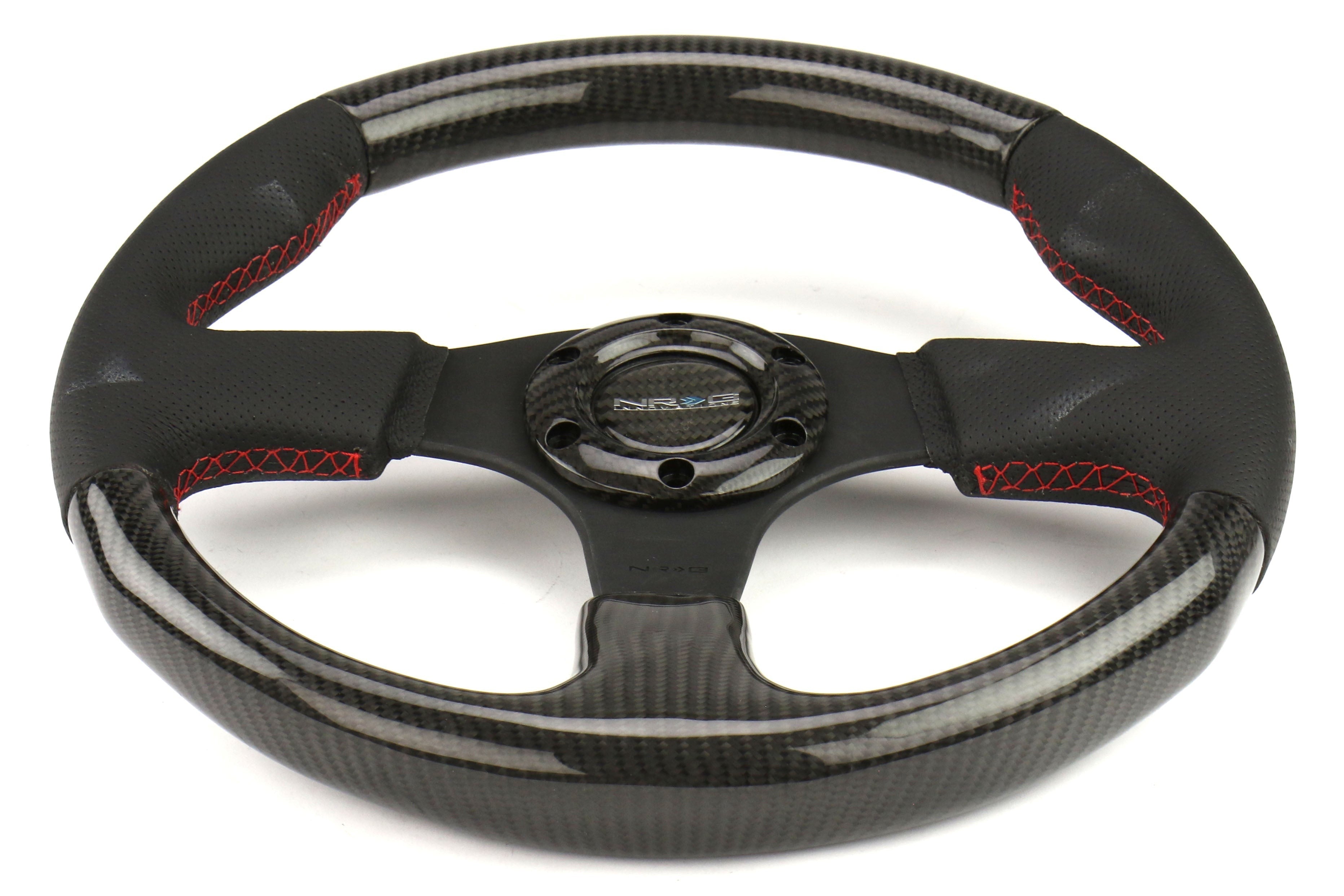 NRG Carbon Fiber Steering Wheel 315mm Perforated Black w/ Red Stitch - Universal