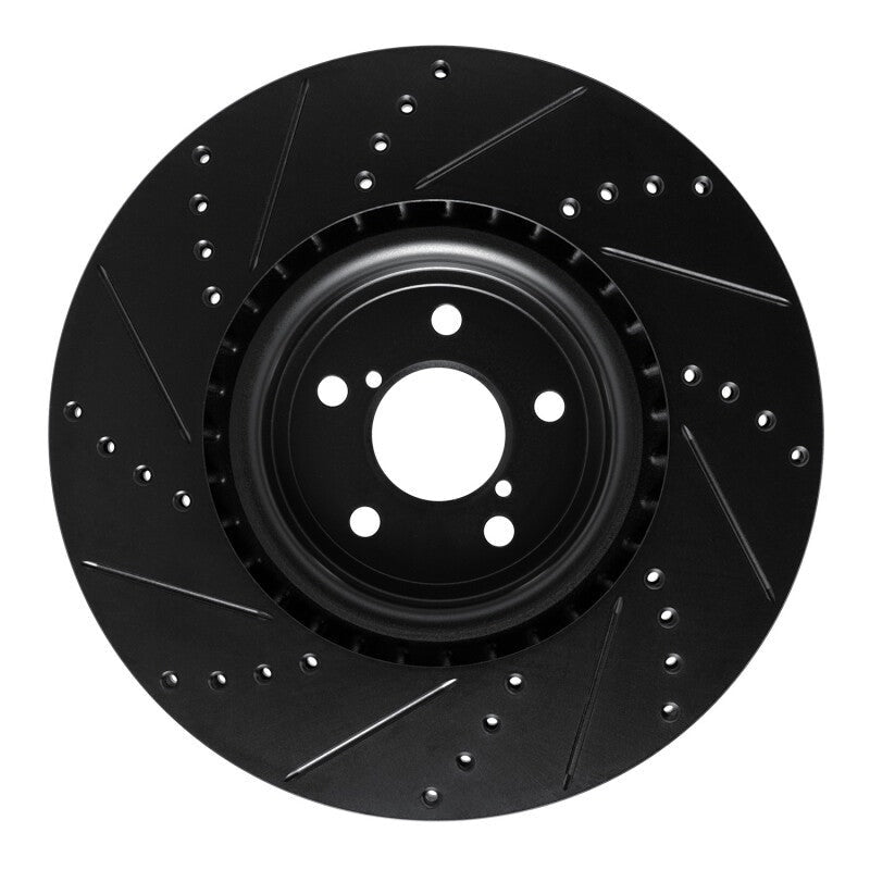 R1 Front Right Drilled & Slotted Black Brake Rotor - 2004 Subaru STI / 2017-2020 & 2022-2026 Subaru BRZ w/ Brembo