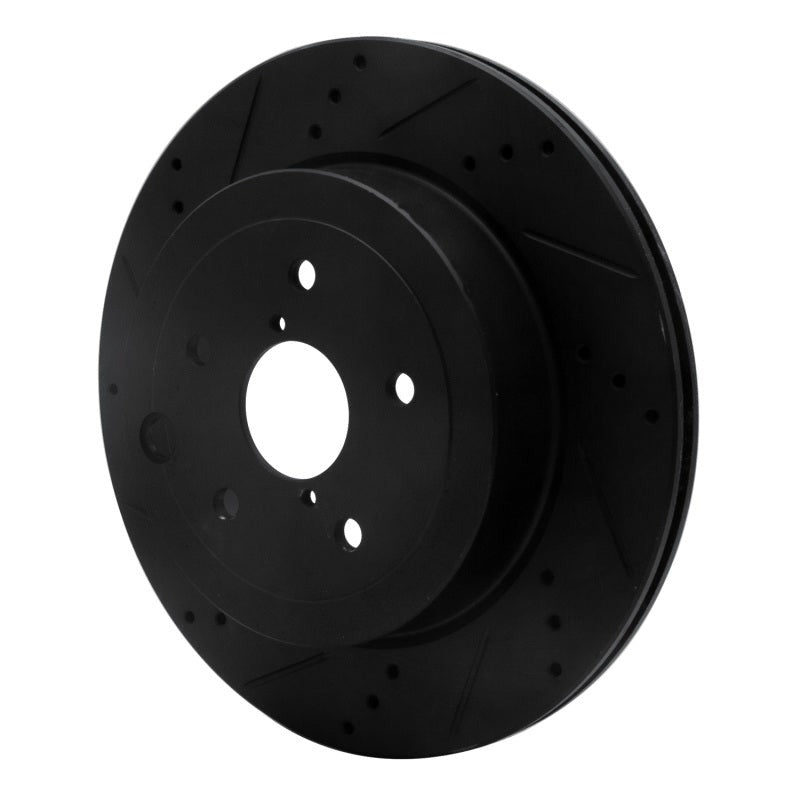R1 Rear Left Drilled & Slotted Black Brake Rotor - 2008-2021 Subaru STI (WRX w/ Brembo)