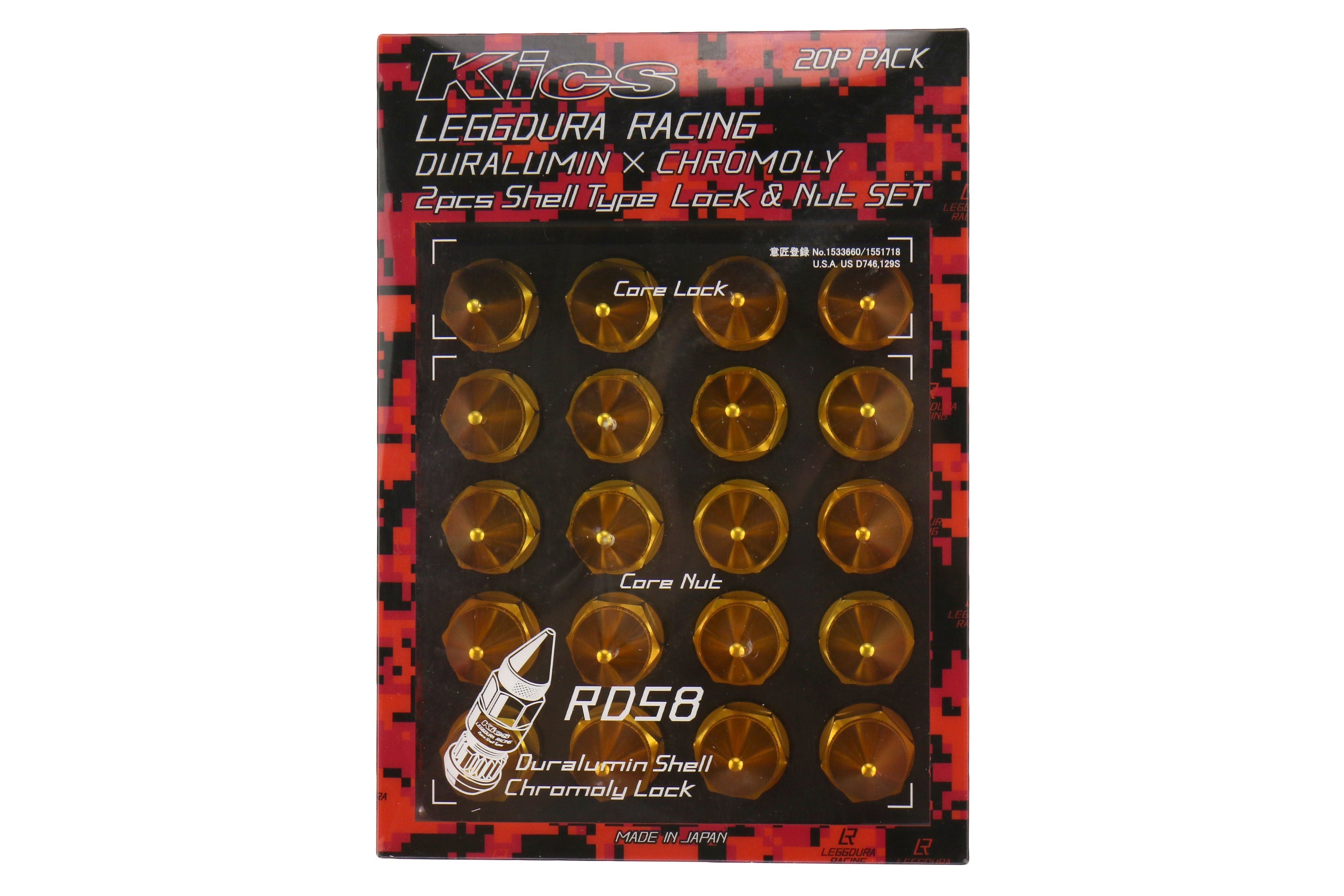 Project Kics Leggdura Racing Dangan Shell Type Lug Nut and Lock Set M12X1.25 Gold - Universal