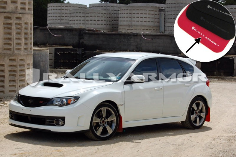 Rally Armor Red UR Mud Flap w/White Logo - 2008-2014 Subaru STI (Hatch Only) / 2011-2014 WRX (Hatch Only)