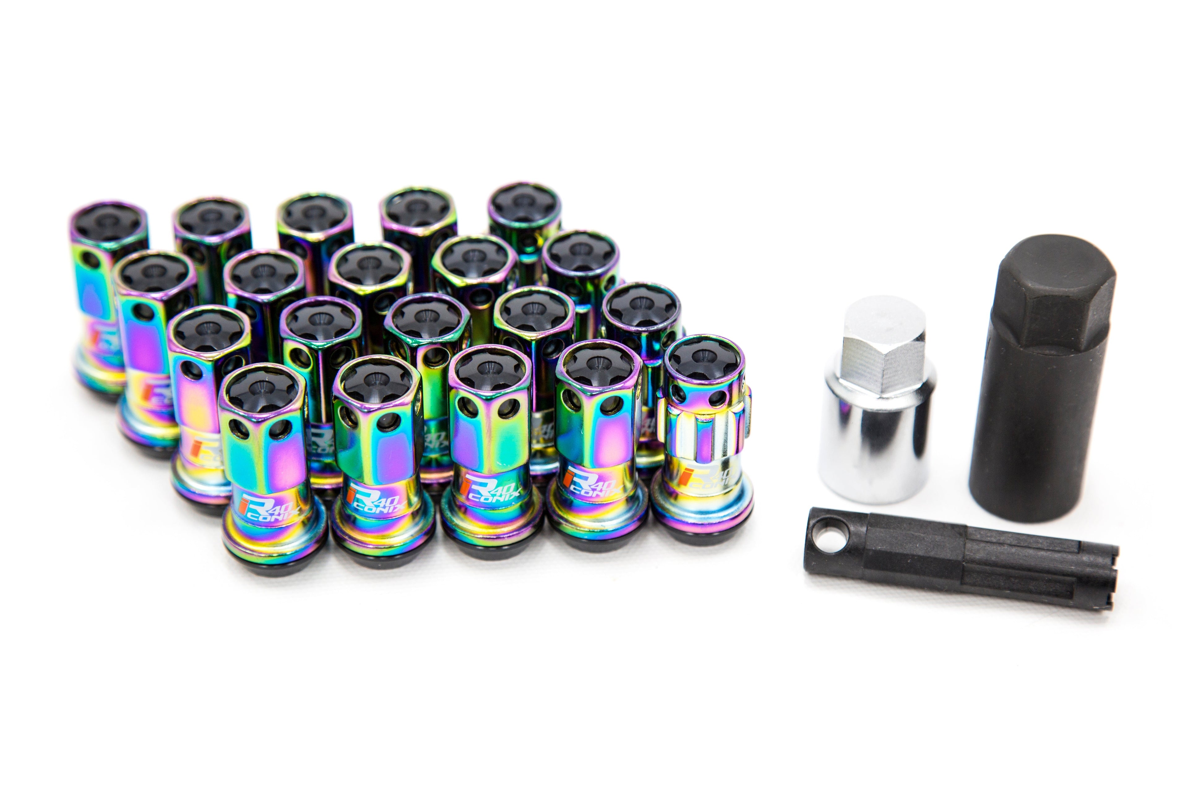 Project Kics R40 Iconix 12x1.25 Neo Chrome Lug Nuts w/ Locks and Black Caps - Universal