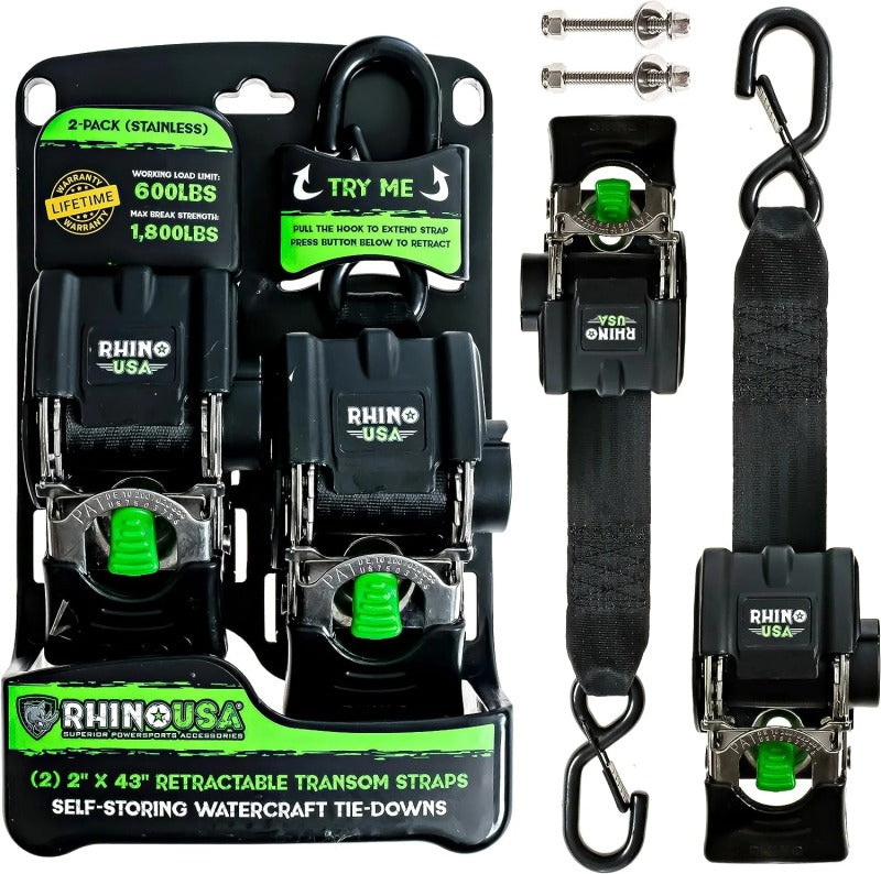 Rhino USA Retractable Transom Straps (2 Pack-Stainless)