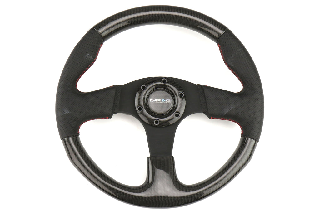 NRG Carbon Fiber Steering Wheel 315mm Perforated Black w/ Red Stitch - Universal