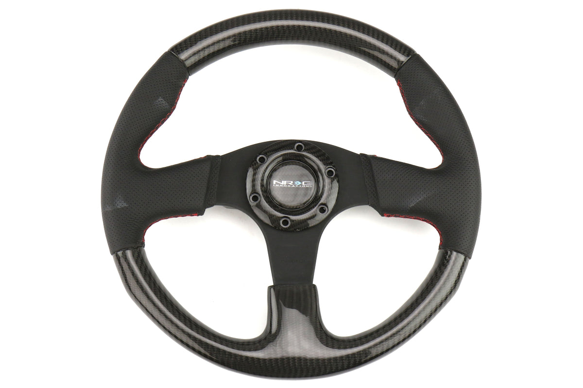 NRG Carbon Fiber Steering Wheel 315mm Perforated Black w/ Red Stitch - Universal