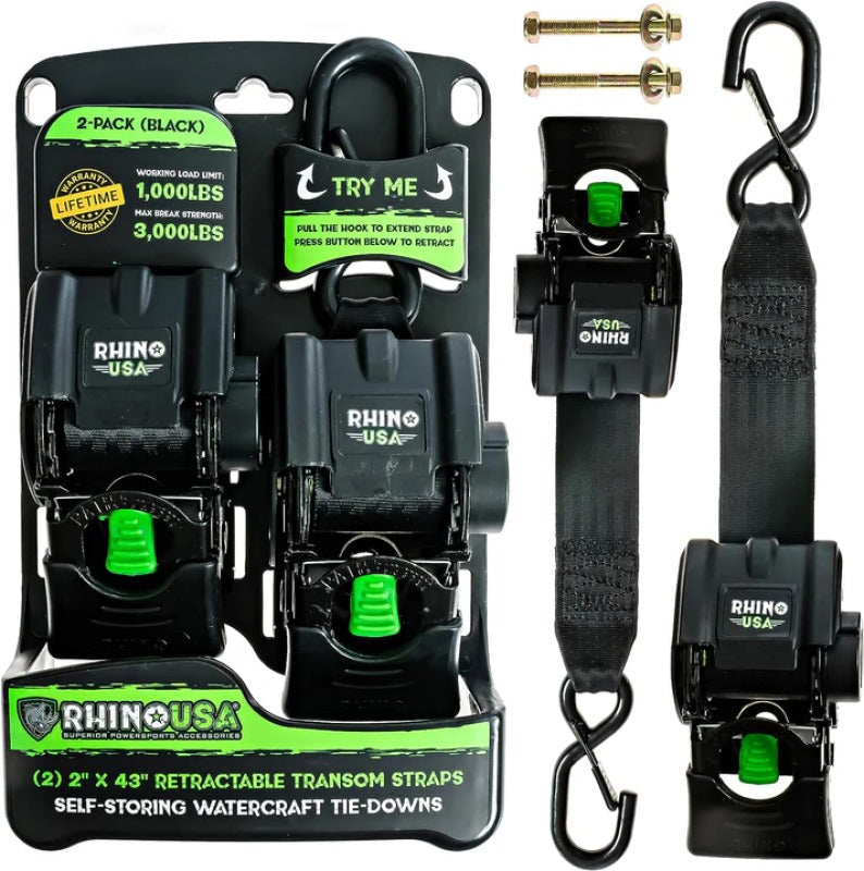 Rhino USA Retractable Transom Straps (2 Pack-Black)