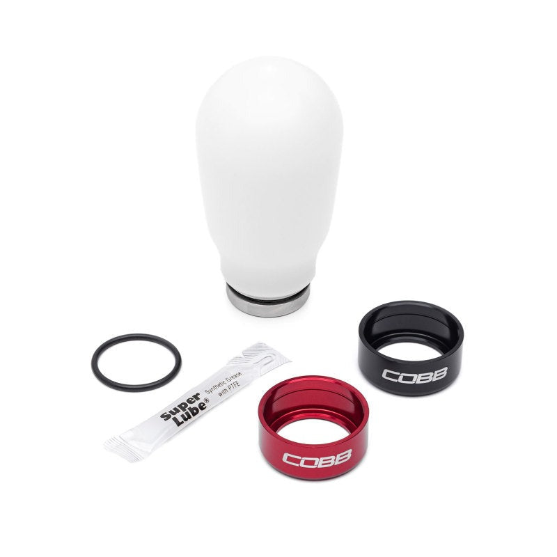 Cobb 6-Speed Tall Weighted Shift Knob - White (Inc. Both Red + Black Collars) - 2004-2021 Subaru STI / 2015-2026 WRX / 2006-2012 Legacy