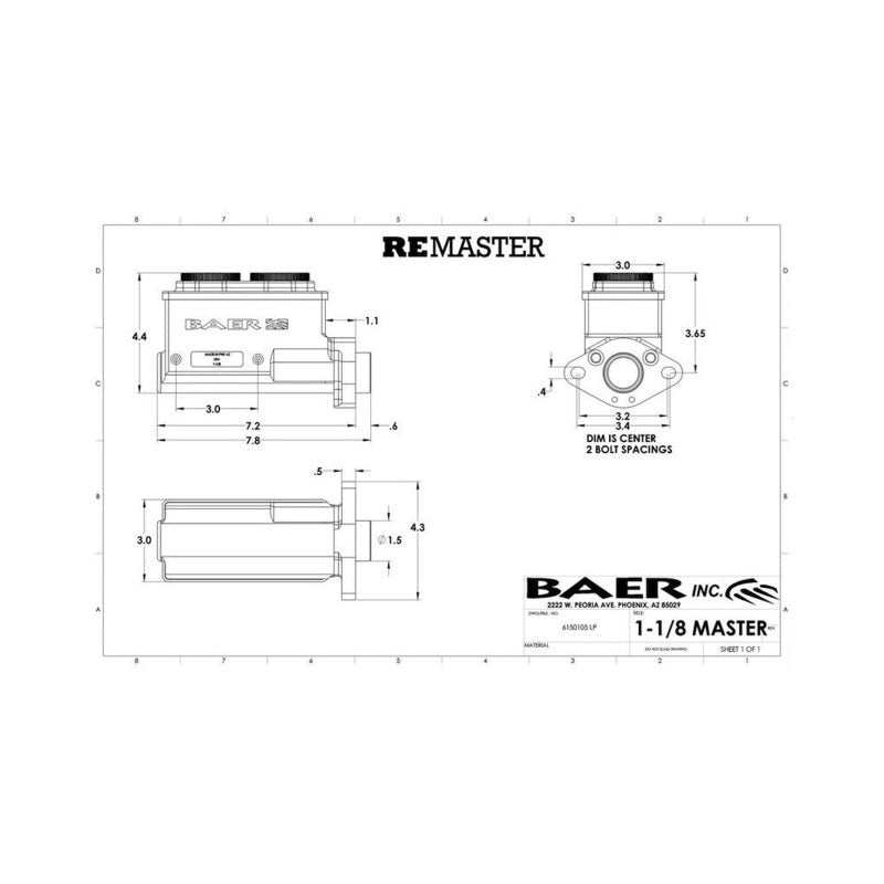 Baer Brakes GM/Ford 1-1/8in Bore Remaster 2-Bolt Left Port Master Cylinder Assembly - Polished