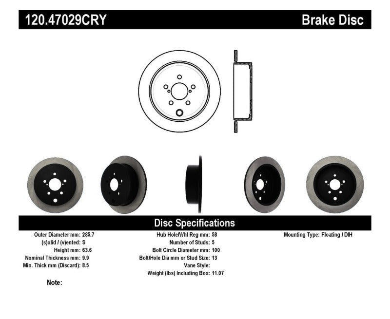 Centric CRYO-STOP Rear Brake Rotor - 2008-2014 Subaru WRX / 2009-2013 Subaru Forester