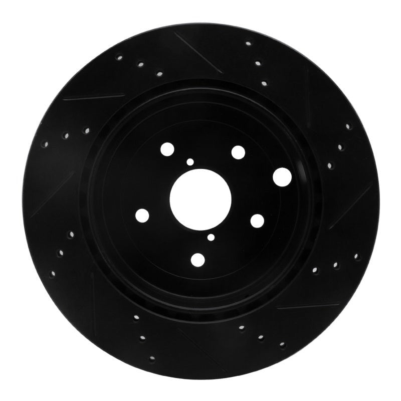 R1 Rear Left Drilled & Slotted Black Brake Rotor - 2008-2021 Subaru STI (WRX w/ Brembo)
