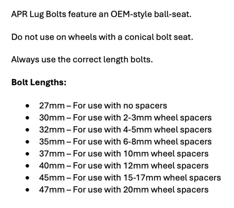 APR Lug Bolts - Use w/20mm Spacers - 47mm - Black (Set of 10)