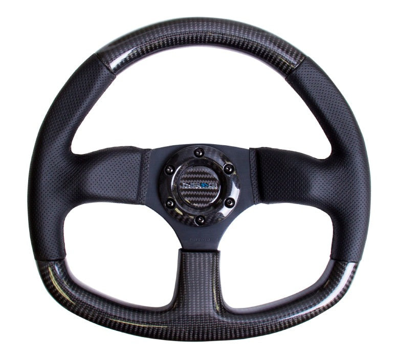 NRG Carbon Fiber Steering Wheel 320mm Flat Bottom Black w/Black Stitching - Universal