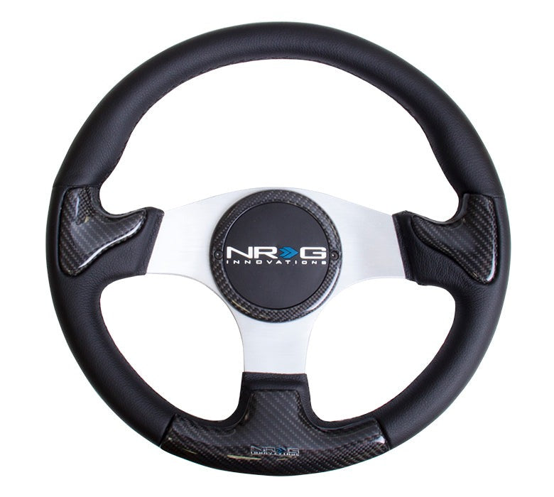 NRG Carbon Fiber Steering Wheel 350mm Silver Rubber Horn - Universal