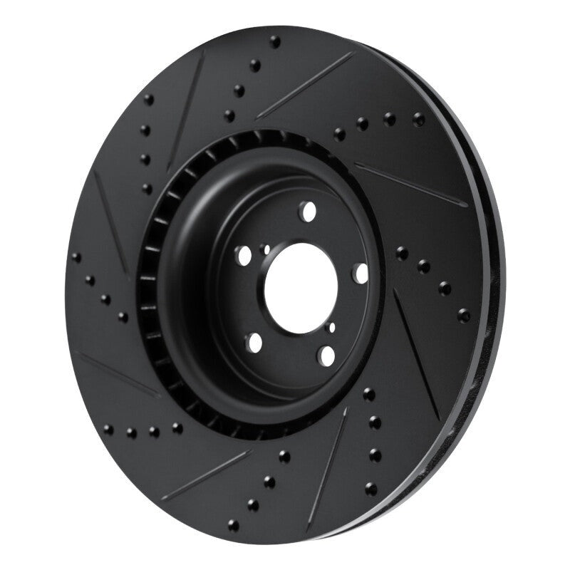 R1 Front Right Drilled & Slotted Black Brake Rotor - 2004 Subaru STI / 2017-2020 & 2022-2026 Subaru BRZ w/ Brembo