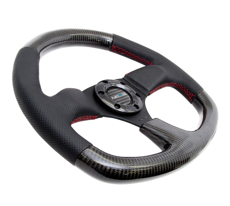 NRG Carbon Fiber Steering Wheel 320mm Flat Bottom Black w/Red Stitching - Universal