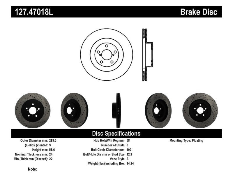 StopTech Slotted & Drilled Sport Brake Rotor - Front Left - 2002-2010 Subaru WRX (Excl. STI)