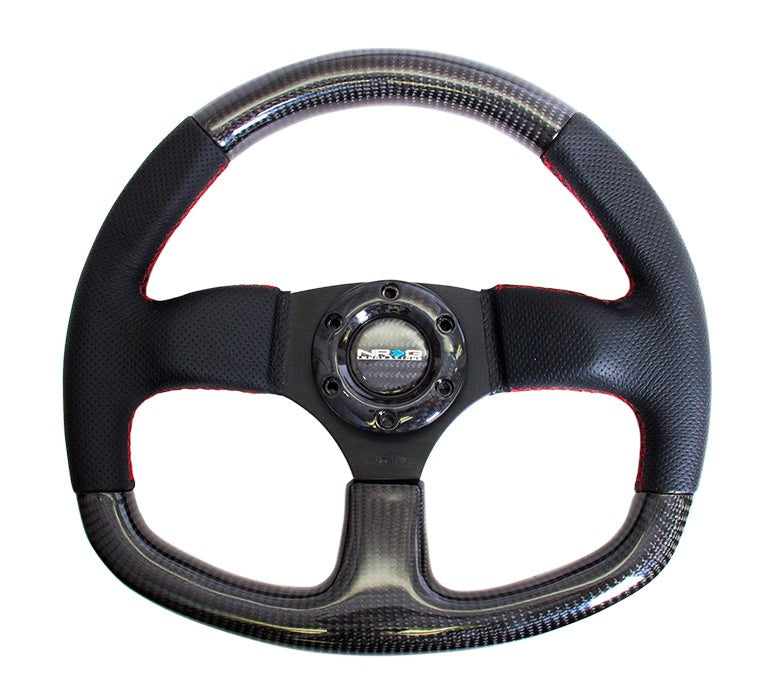 NRG Carbon Fiber Steering Wheel 320mm Flat Bottom Black w/Red Stitching - Universal