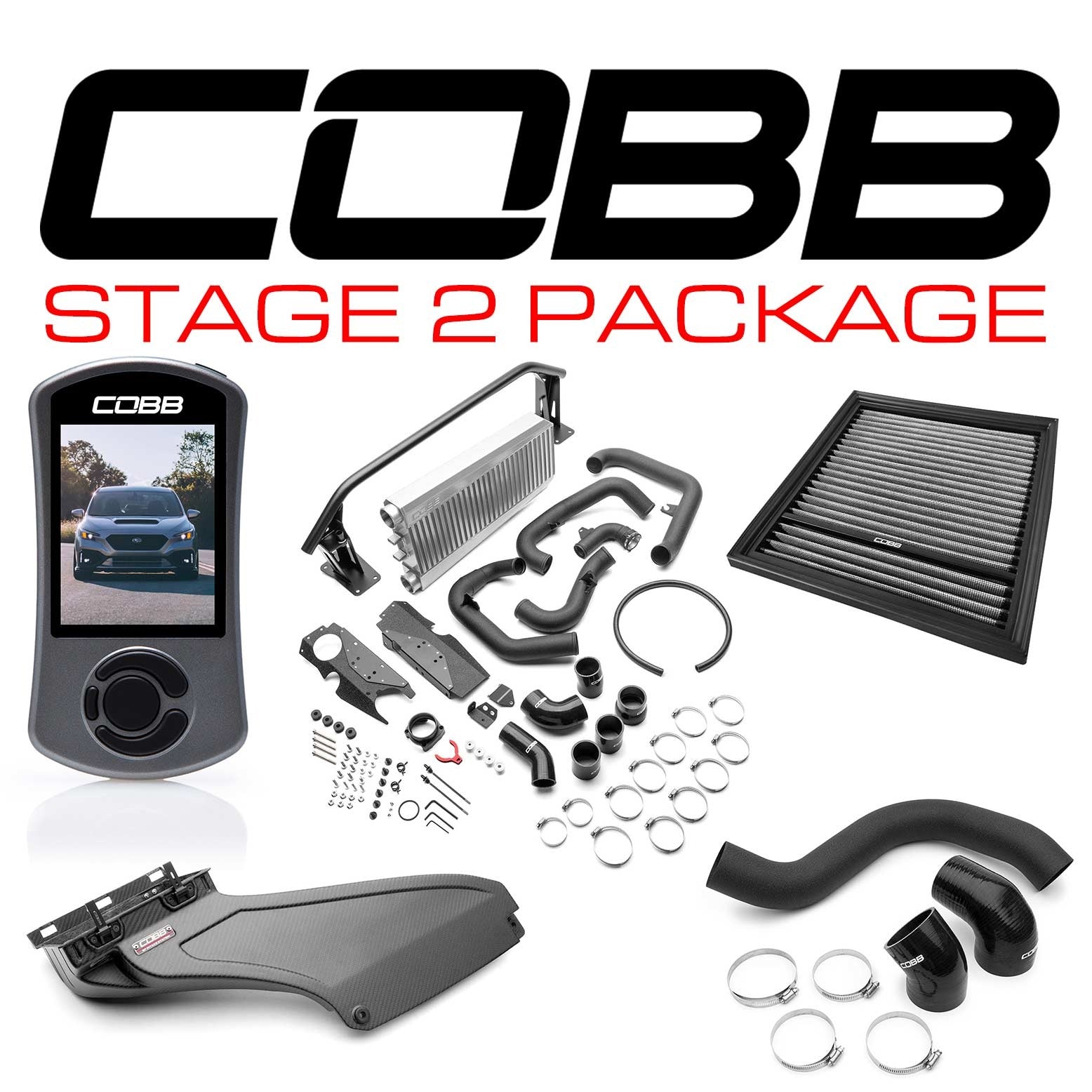 Cobb Stage 2 Power Package w/Silver FMIC & Matte CF Scoop - 2022-2026 Subaru WRX