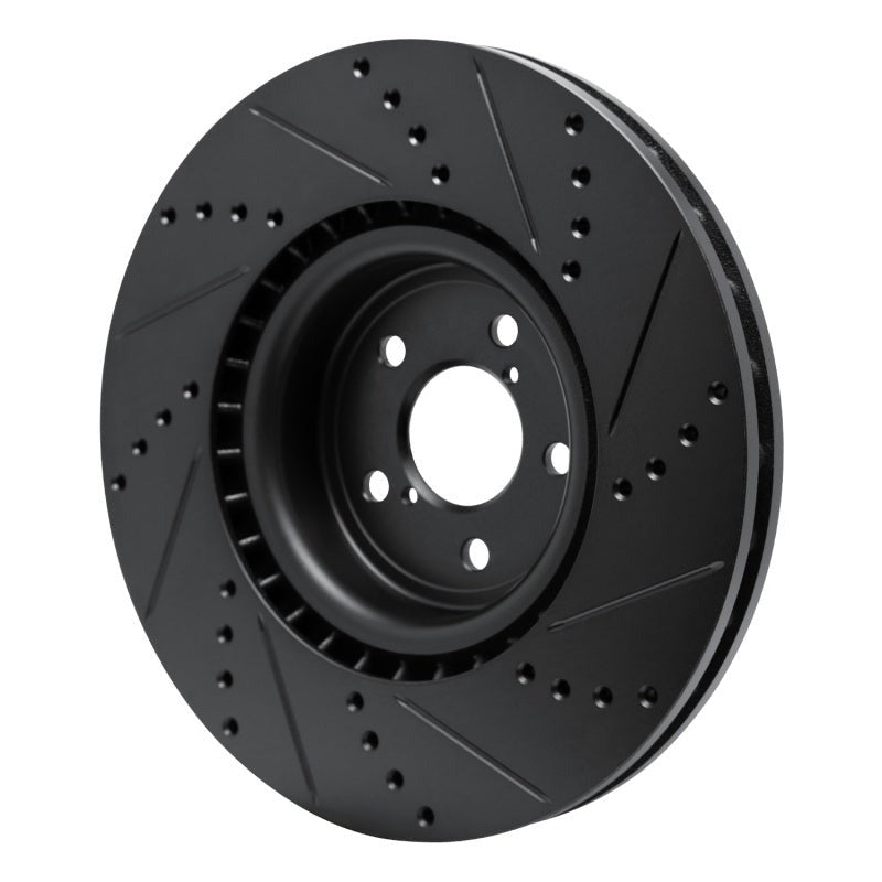 R1 Front Left Drilled & Slotted Black Brake Rotor - 2004 Subaru STI / 2017-2020 & 2022-2026 Subaru BRZ w/ Brembo