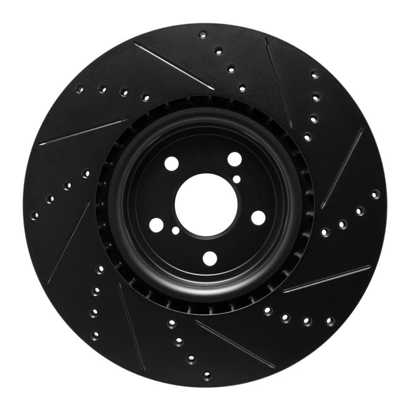 R1 Front Left Drilled & Slotted Black Brake Rotor - 2004 Subaru STI / 2017-2020 & 2022-2026 Subaru BRZ w/ Brembo