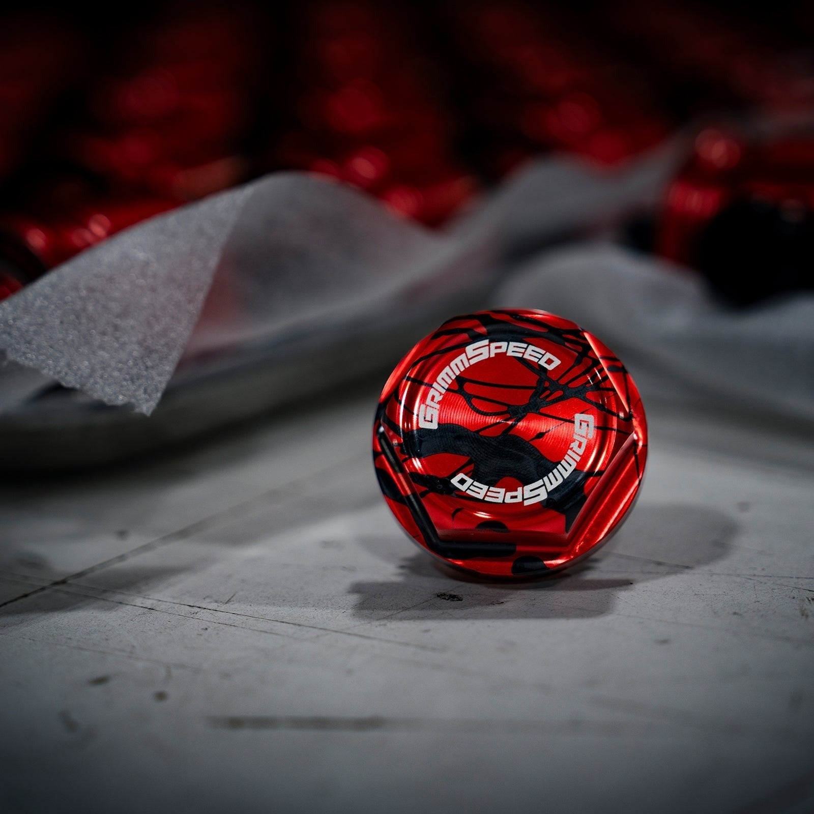 GrimmSpeed Version 2 Bolt Oil Cap (Splatter Red/Black) - Subaru Universal