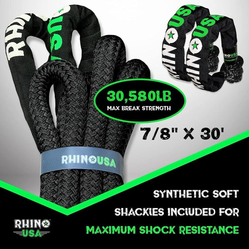 Rhino USA 7/8In X 30Ft Kinetic Rope Recovery Kit W/Soft Shackles (Black)