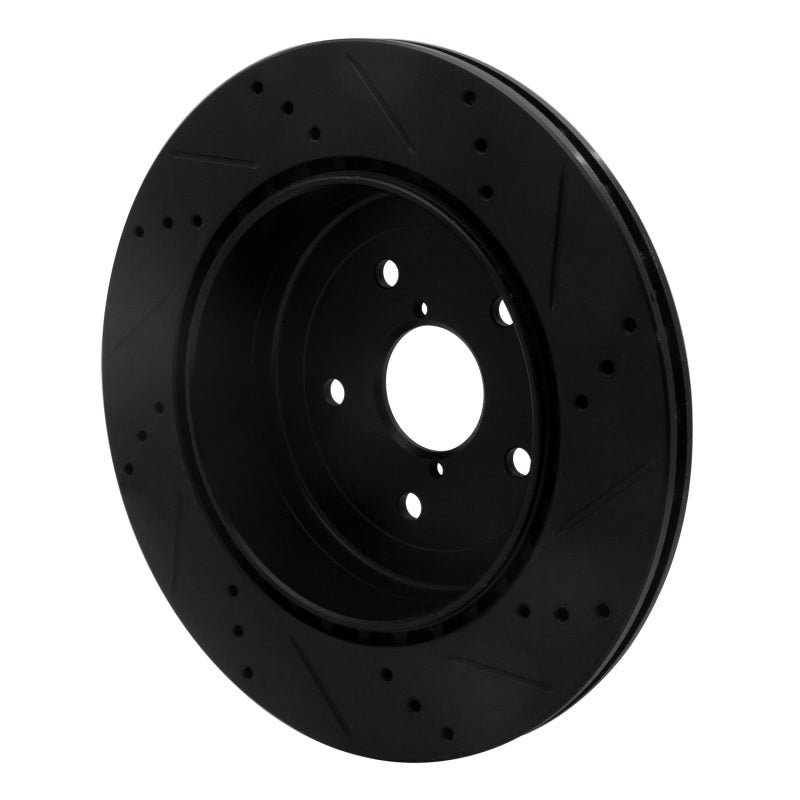 R1 Rear Left Drilled & Slotted Black Brake Rotor - 2008-2021 Subaru STI (WRX w/ Brembo)