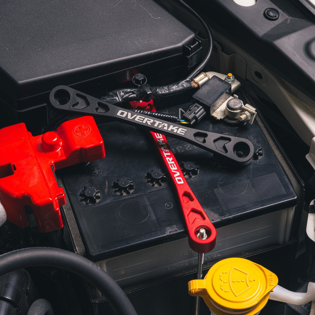 Overtake Battery Tie Down (Red) - Subaru Models (Inc. 2002-2025 Subaru WRX / 2004-2021 Subaru STI)