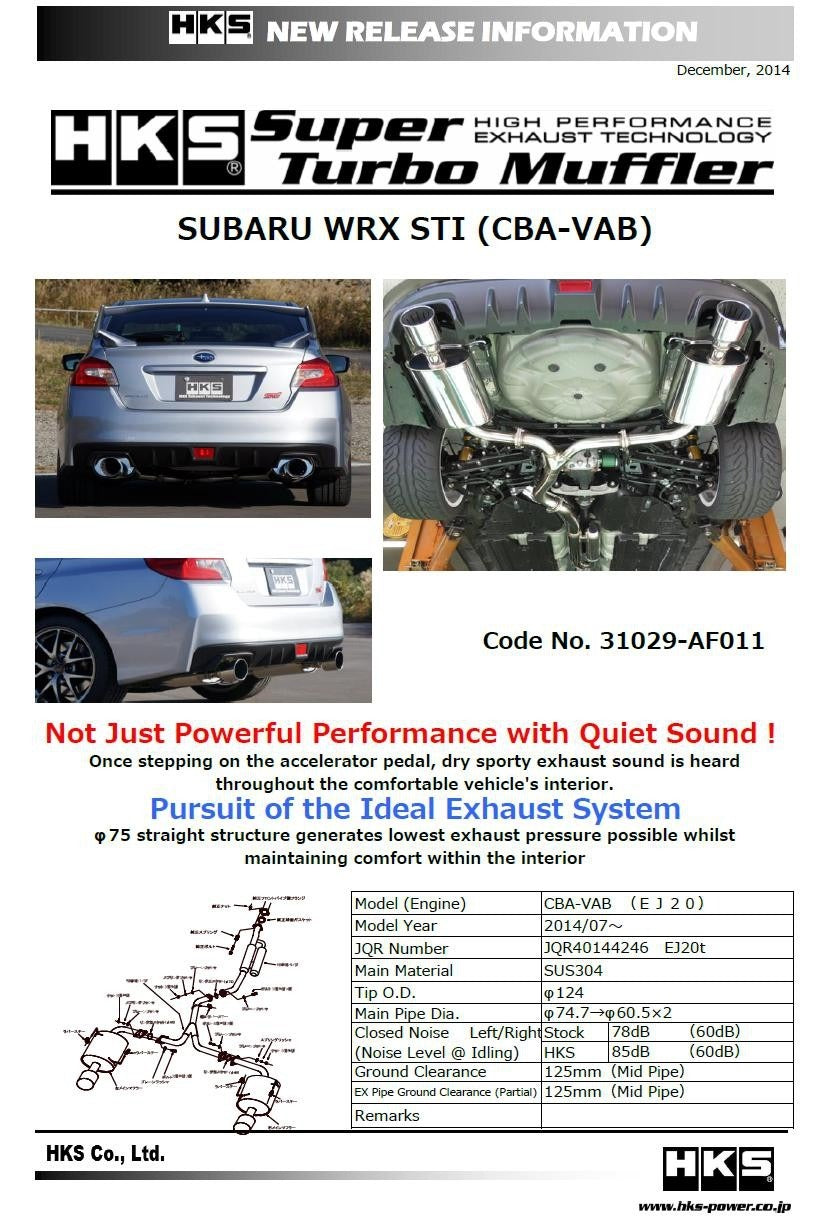 HKS Super Turbo Muffler Cat Back Exhaust - 2015-2021 Subaru WRX / STI