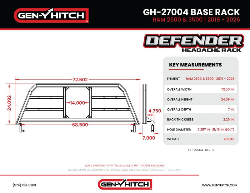 Gen-Y 19+ Dodge Ram 2500/3500 Defender Headache Rack Only - Black