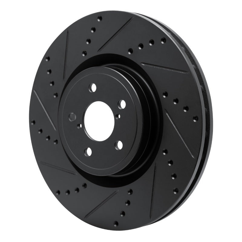 R1 Front Left Drilled & Slotted Black Brake Rotor - 2004 Subaru STI / 2017-2020 & 2022-2026 Subaru BRZ w/ Brembo