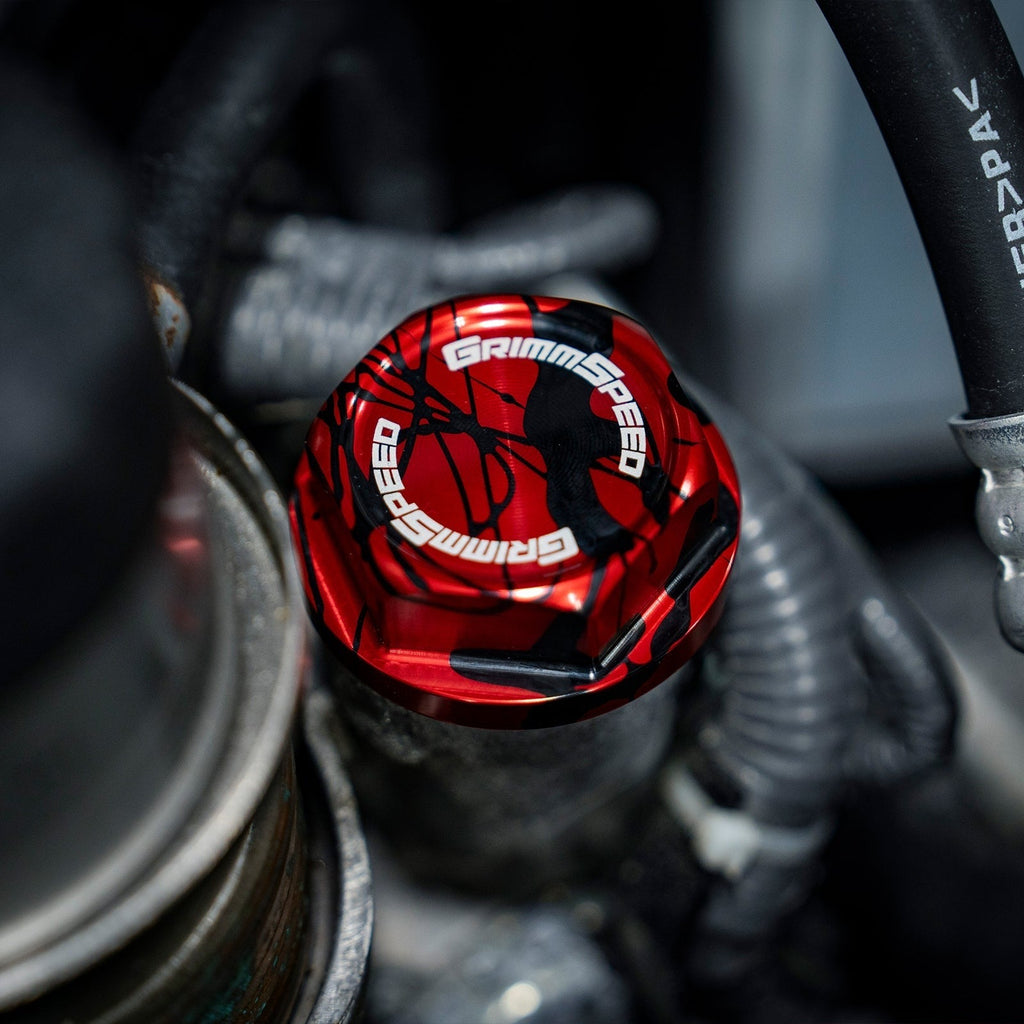 GrimmSpeed Version 2 Bolt Oil Cap (Splatter Red/Black) - Subaru Universal