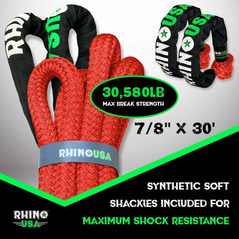 Rhino USA 7/8In X 30Ft Kinetic Rope Recovery Kit W/Soft Shackles (Red)
